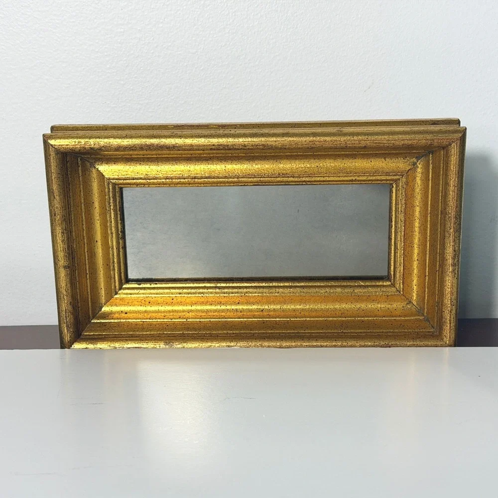 Vintage Gold Framed Smoky Gray Wall Mirror Narrow Accent Hollywood Regency